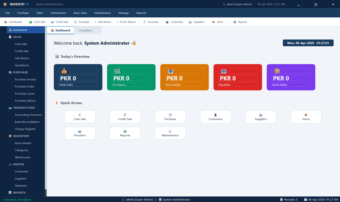 Invento PK desktop software: Dashboard for point of sale and stock