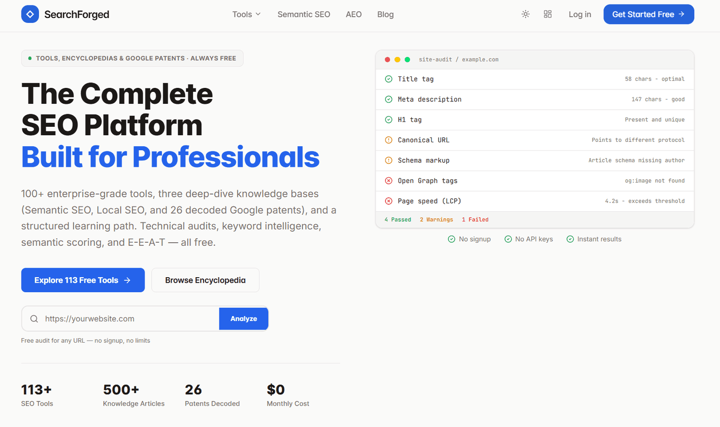 SearchForged website design: Platform for SEO tools and learning content